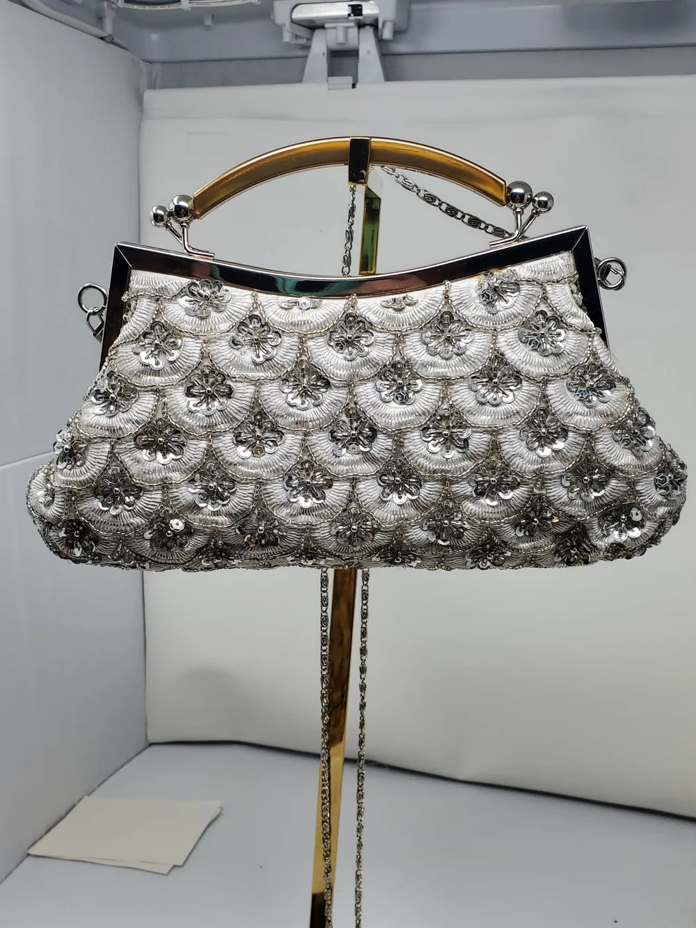 Silver Embellished Evening Clutch with Top Handle